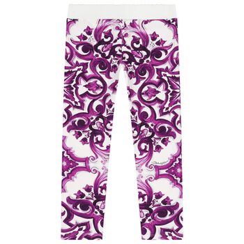 Girls White & Purple Majolica Leggings