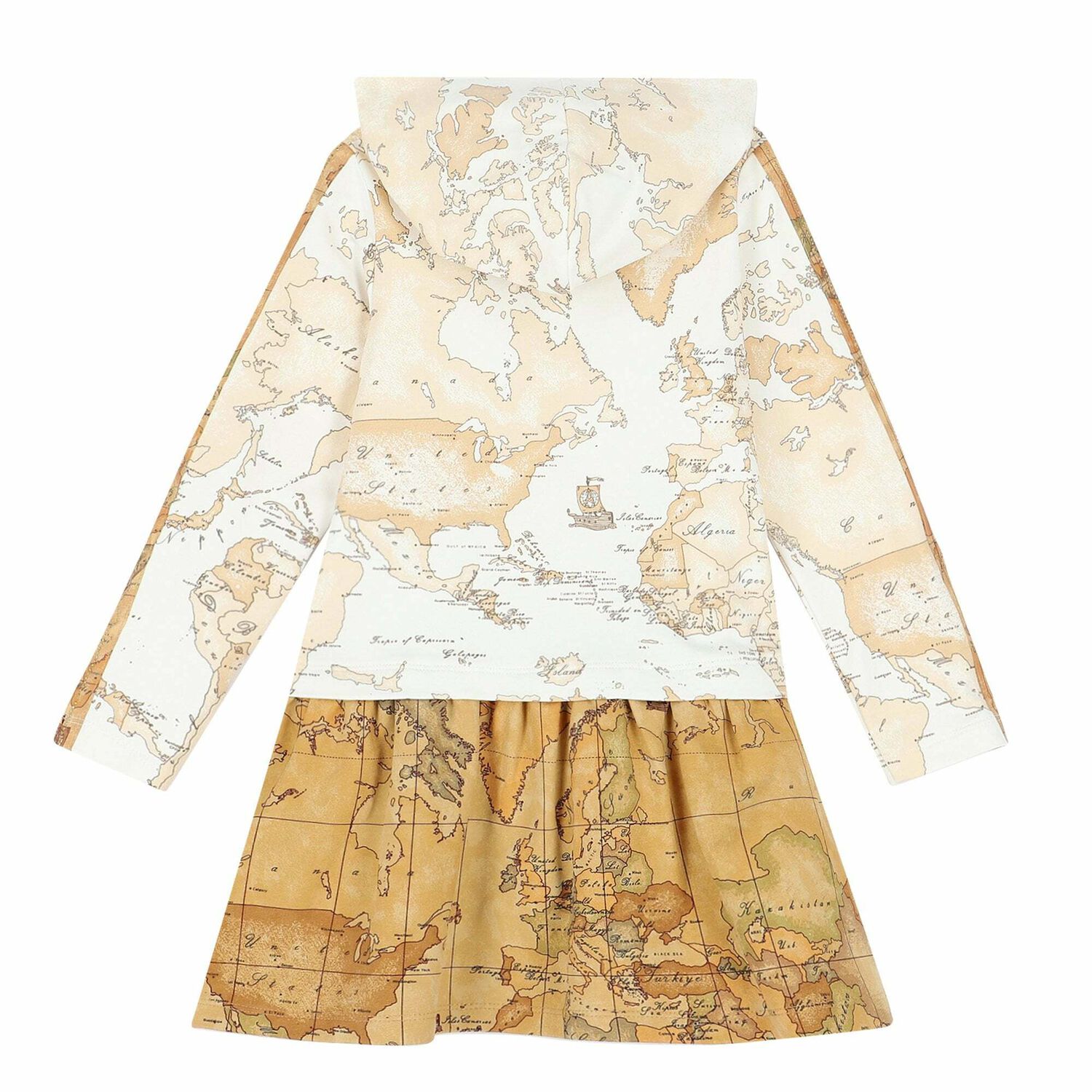 فستان هودى بالشعار بطبعة خريطة باللون البيج, 1, hi-res