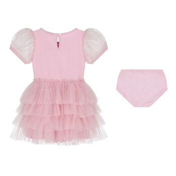 طقم فستان أطفال من التول مطرز بالكريستال باللون الوردي للبنات