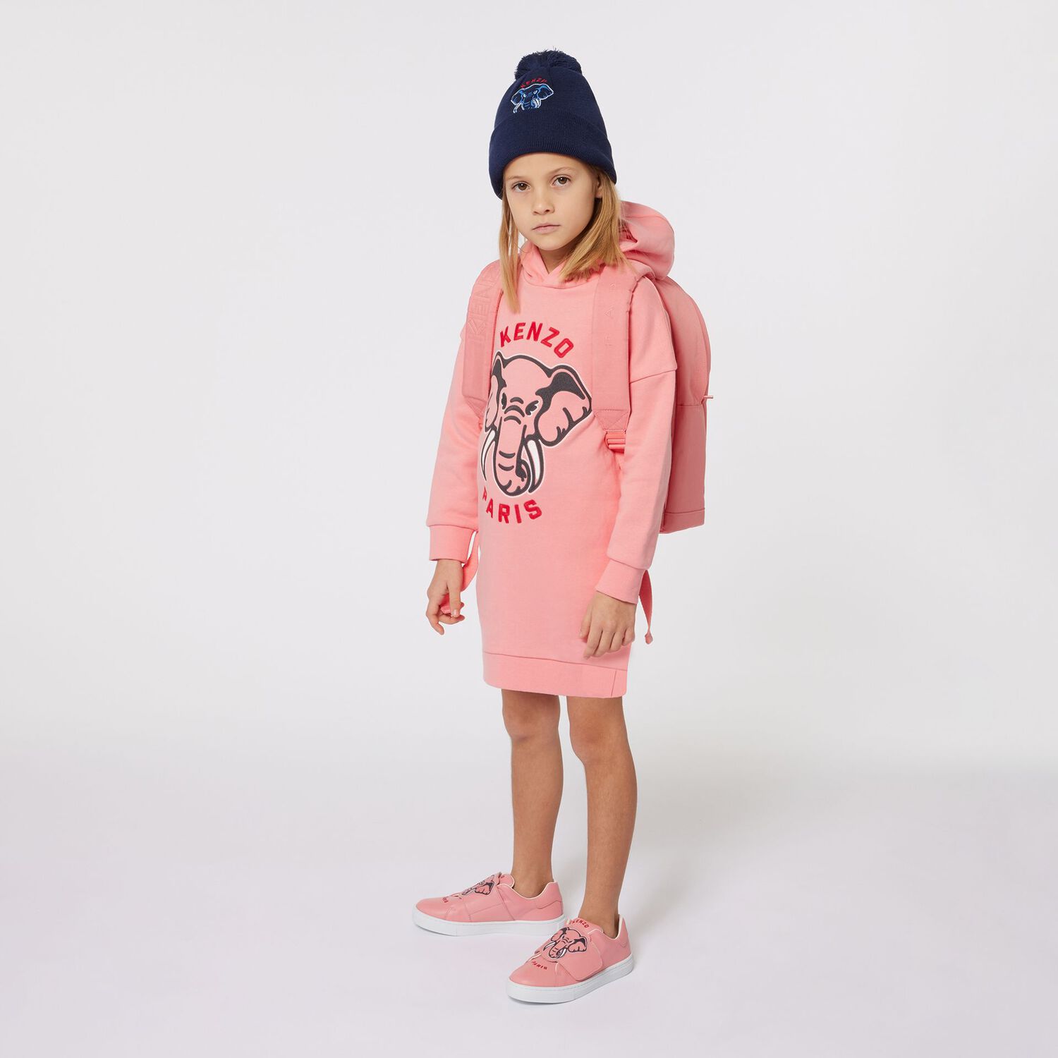 Girls Pink Logo Elephant Hooded Dress, 1, hi-res image number null