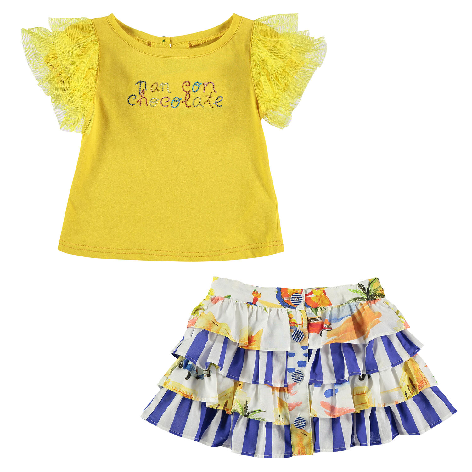 Girls Yellow & Blue Graphic Skirt Set, 1, hi-res image number null