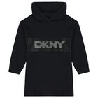 Girls Black Rhinestone Logo Hooded Dress, 1, hi-res