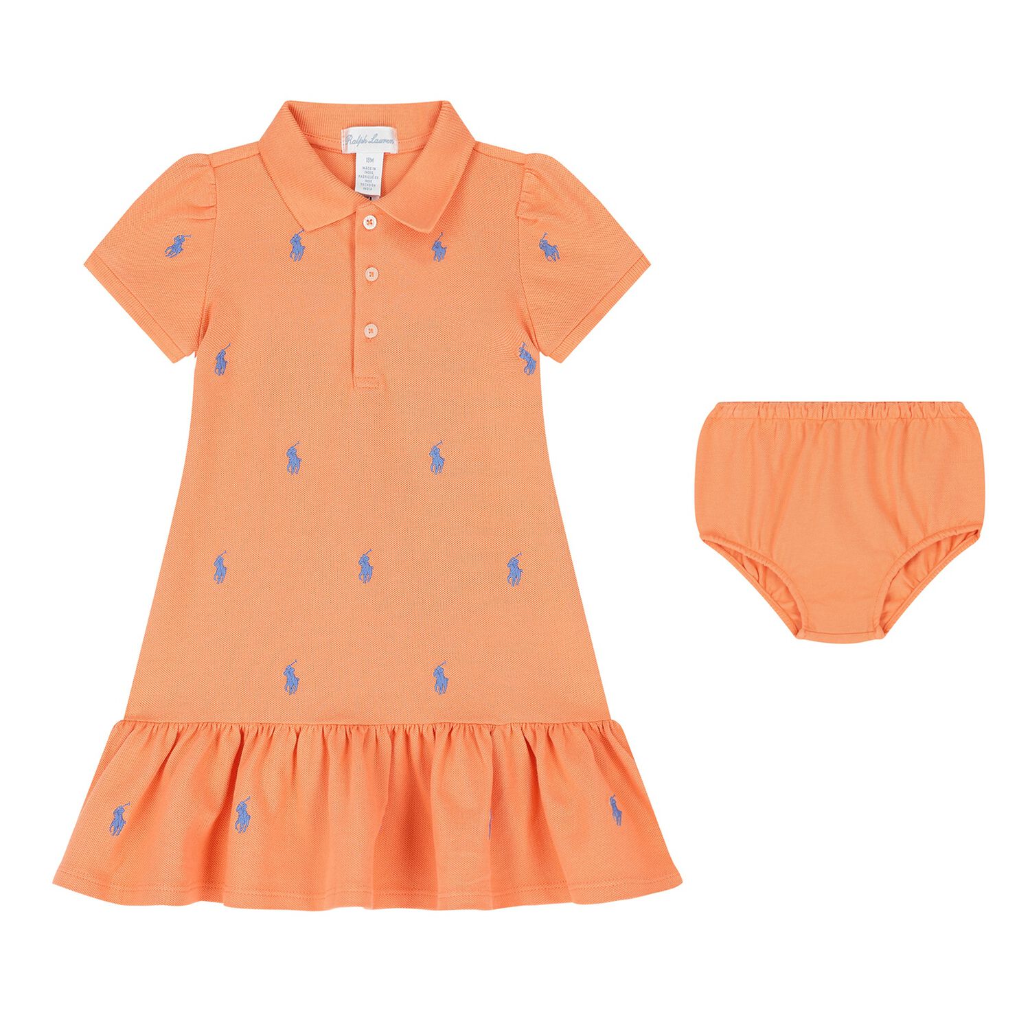 Baby Girls Orange Cotton Polo Dress, 1, hi-res