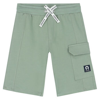 Boys Green Logo Cotton Shorts