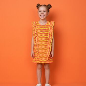 Girls Pink & Orange Wavy Stripe Ruffle Dress