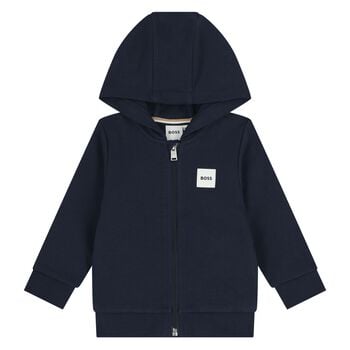 Younger Boys Navy Blue Logo Hooded Zip Up Top