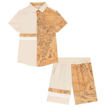 Boys Beige Geo Map Logo Shorts Set