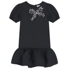 Girls Black Embellished Bow Dress, 1, hi-res