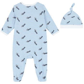 Baby Boys Blue & White Logo Babygrow & Hat Gift Set