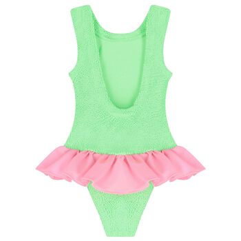 Girls Green & Pink Ruffle Crinkle Swimsuit