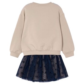 Girls Beige & Navy Blue Flower Skirt Set