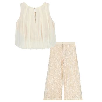 Girls Beige & Gold Chiffon & Sequin Lace Trousers Set