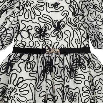 Girls Ivory & Black Ribbon Floral Tulle Dress