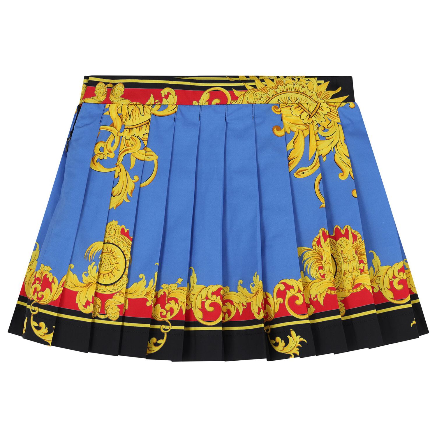 Girls Blue & Gold Barocco Pleated Skirt, 1, hi-res