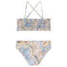 Girls Beige & Blue Floral Bikini, 1, hi-res