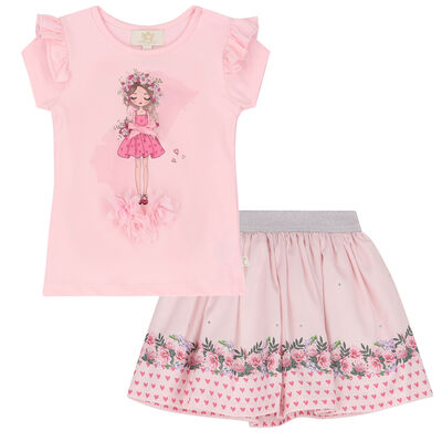 Girls Pink Embellished Skirt Set