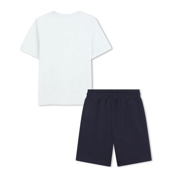 Boys Mini Me White & Navy Blue Logo Shorts Set