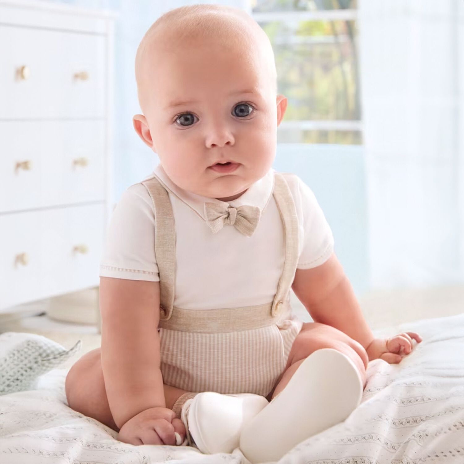 Baby Boys White & Beige Romper, 1, hi-res