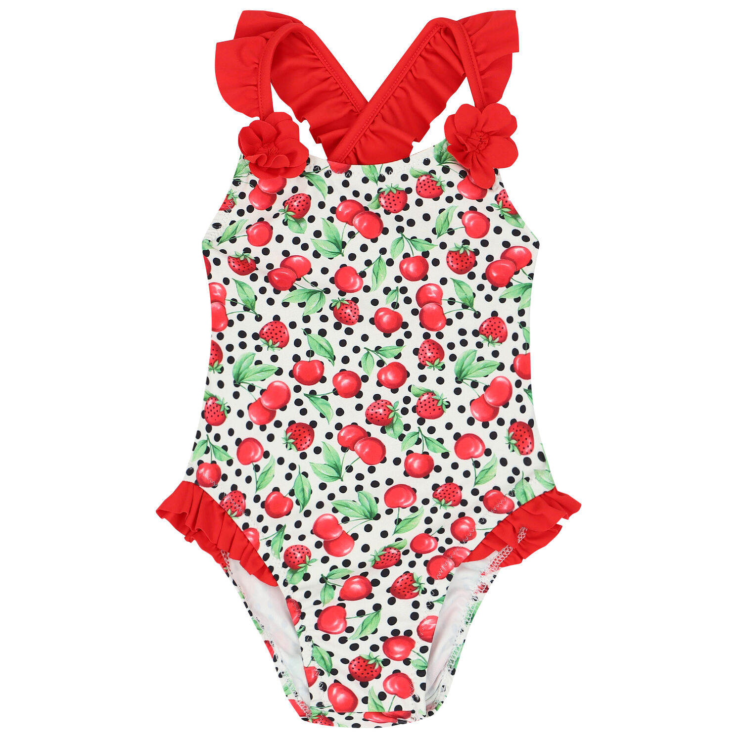 Younger Girls White & Red Fruits Swimsuit, 1, hi-res