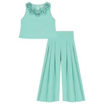 Girls Green Crepe Trousers Set