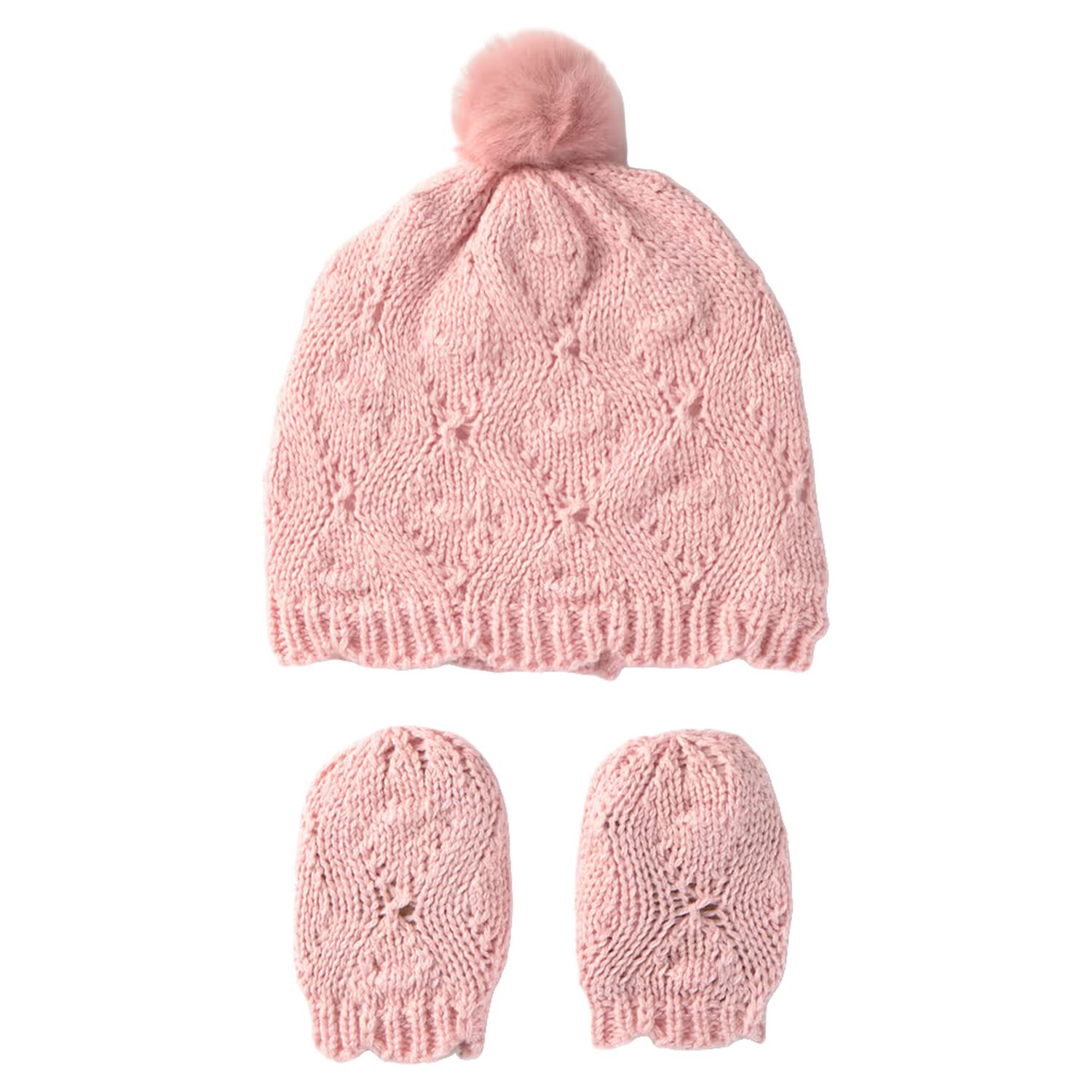 Baby Girls Pink Knitted Hat & Mittens Set, 2, hi-res
