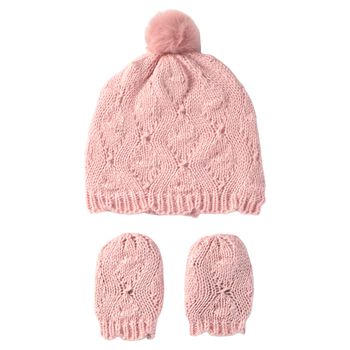 Baby Girls Pink Knitted Hat & Mittens Set