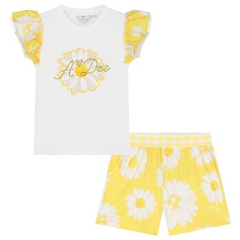 Girls White & Yellow Daisy Shorts Set
