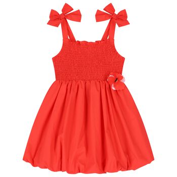 Girls Red Bow Smocked Dress
