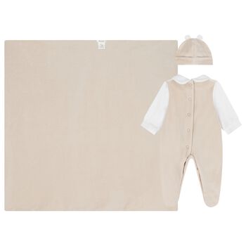 White & Beige Teddy Bear Babygrow Gift Set