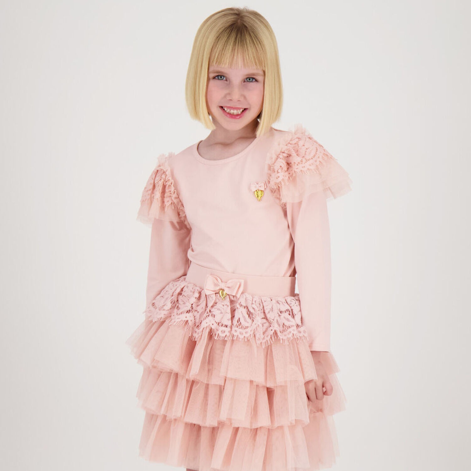 توب بنات بأكمام دانتيل باللون الوردي, 1, hi-res