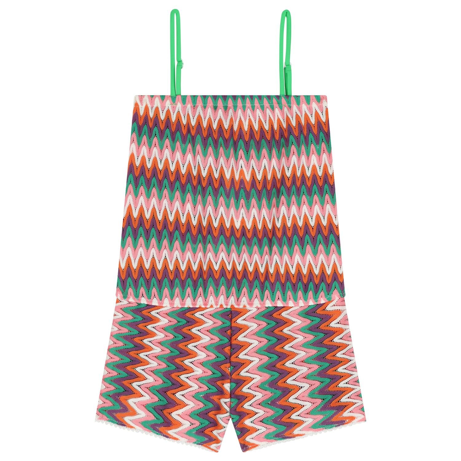 Girls Multi-Coloured Zig-Zag Crochet Playsuit, 1, hi-res
