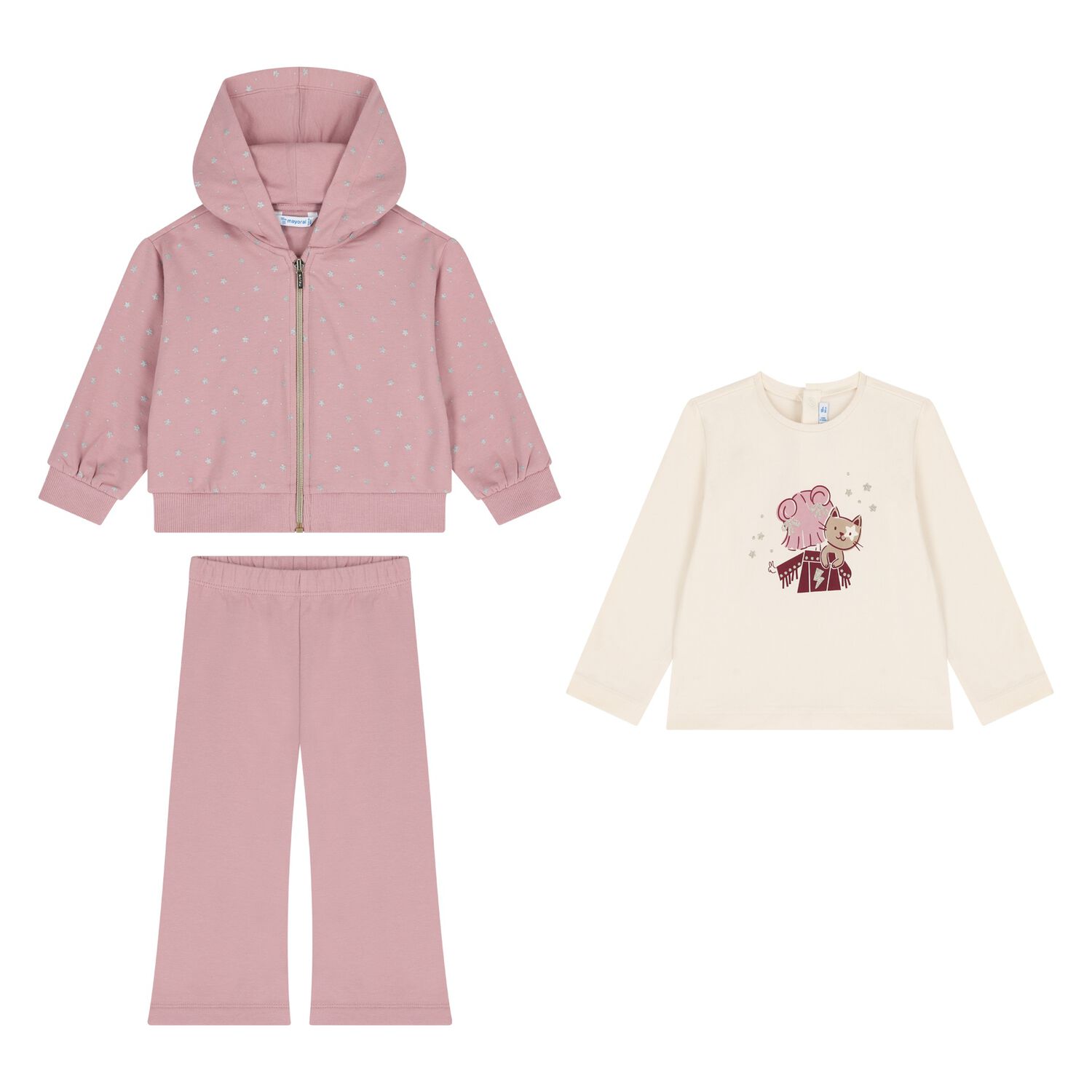 Younger Girls Ivory & Pink Cat 3 Piece Tracksuit, 2, hi-res