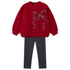 طقم ليجينز بنات مزين بفيونكه باللون الاحمر والرمادى, 2, hi-res