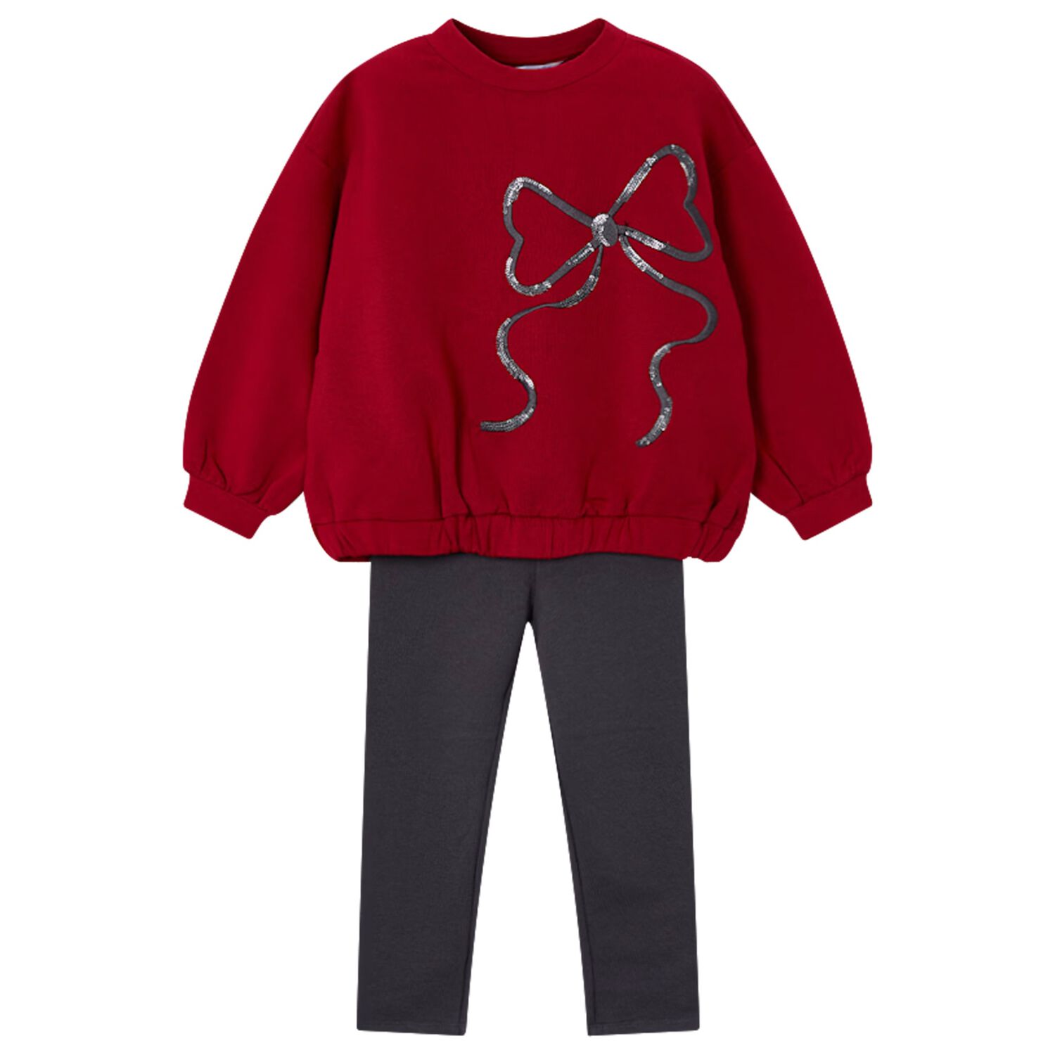 طقم ليجينز بنات مزين بفيونكه باللون الاحمر والرمادى, 2, hi-res