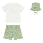Younger Boys White & Green Shorts & Hat Set, 1, hi-res