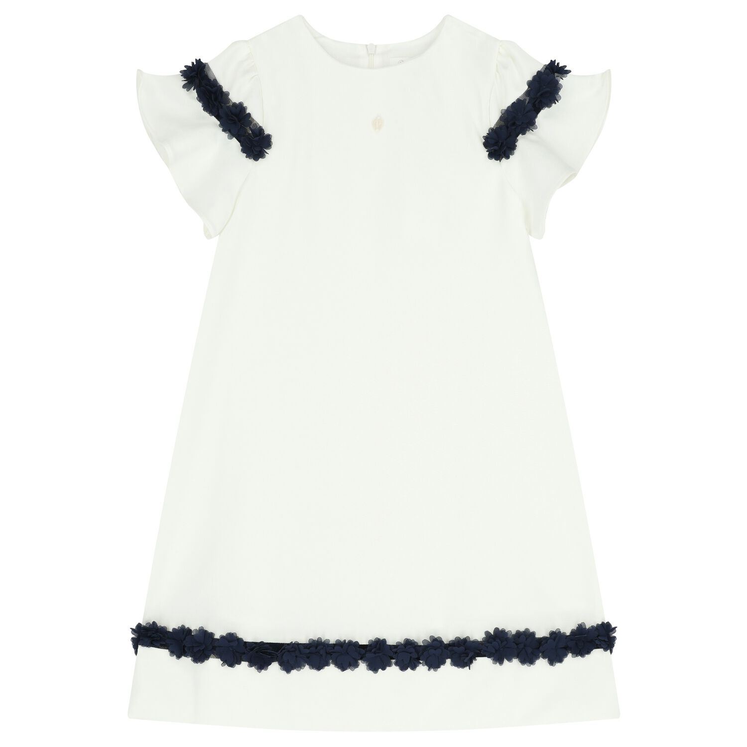 Girls Ivory & Navy Blue Flower Crepe Dress, 1, hi-res