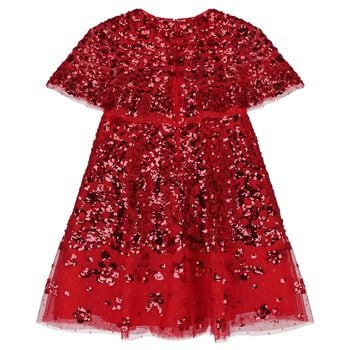 Girls Red Embellished Sequin Cape Dress
