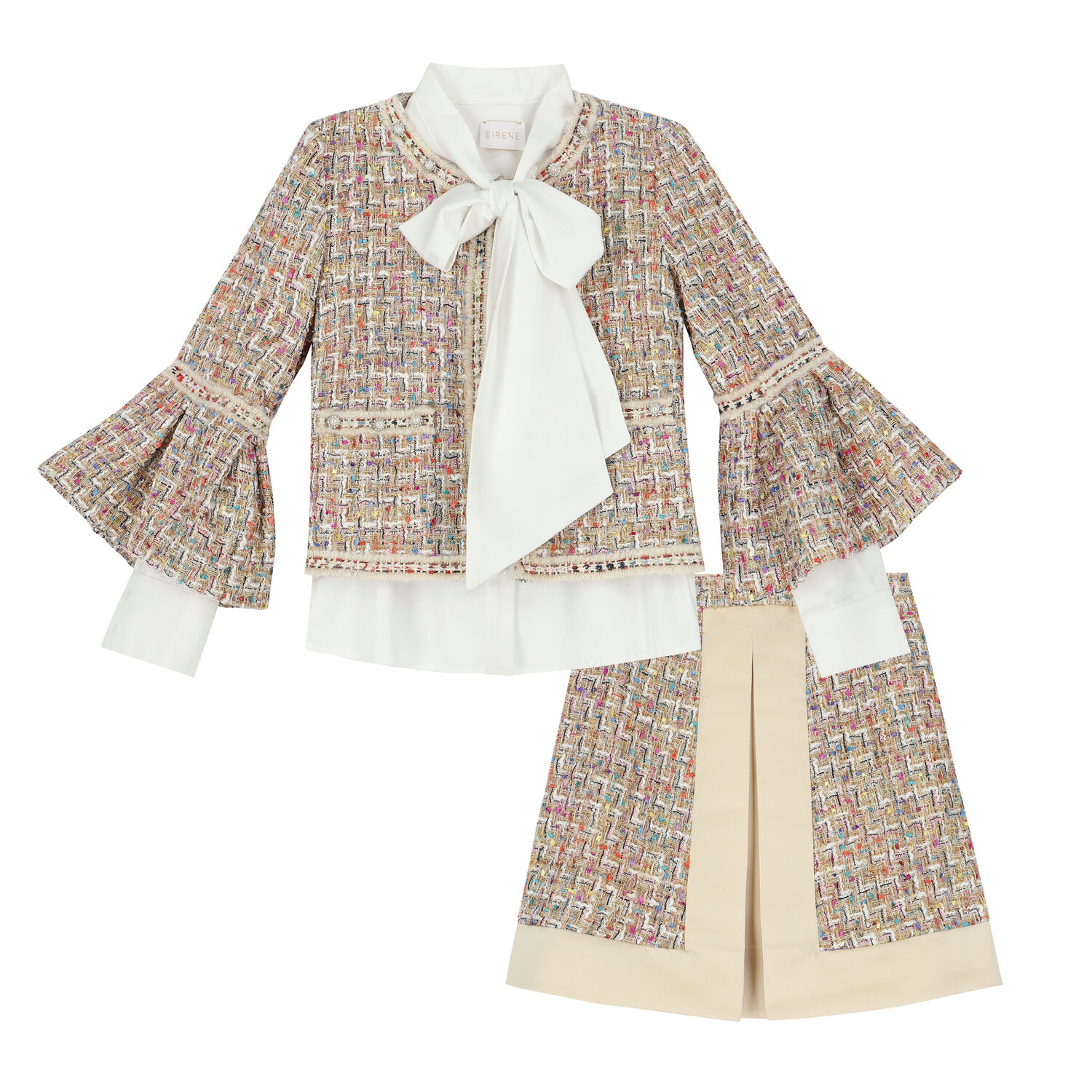 طقم تنورة وجاكيت للعيد باللون الذهبى للبنات, 1, hi-res