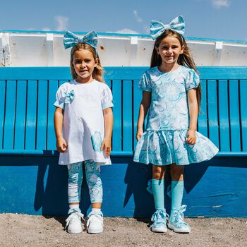 Girls White & Blue Logo Bag Leggings Set
