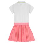 Girls White & Neon Pink Pleated Dress, 1, hi-res