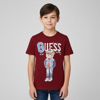 Boys Burgundy Teddy Bear Logo T-Shirt, 3 Boys Burgundy Teddy Bear Logo T-Shirt