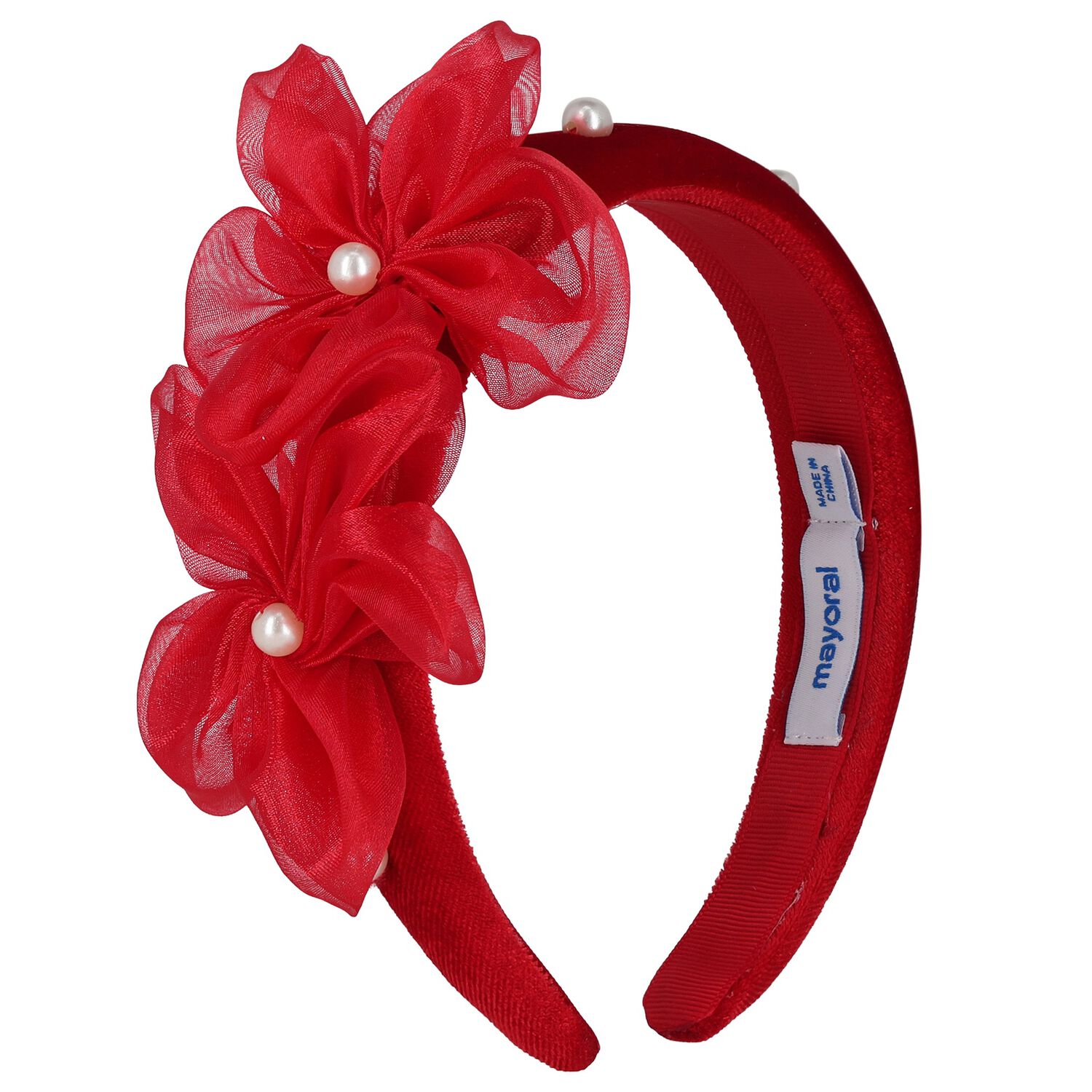 Girls Red Pearl Velvet Headband, 2, hi-res