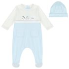 Baby Boys White & Blue Embroidered Babygrow Set, 1, hi-res