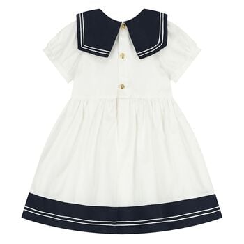 Younger Girls White & Navy Blue Logo Dress