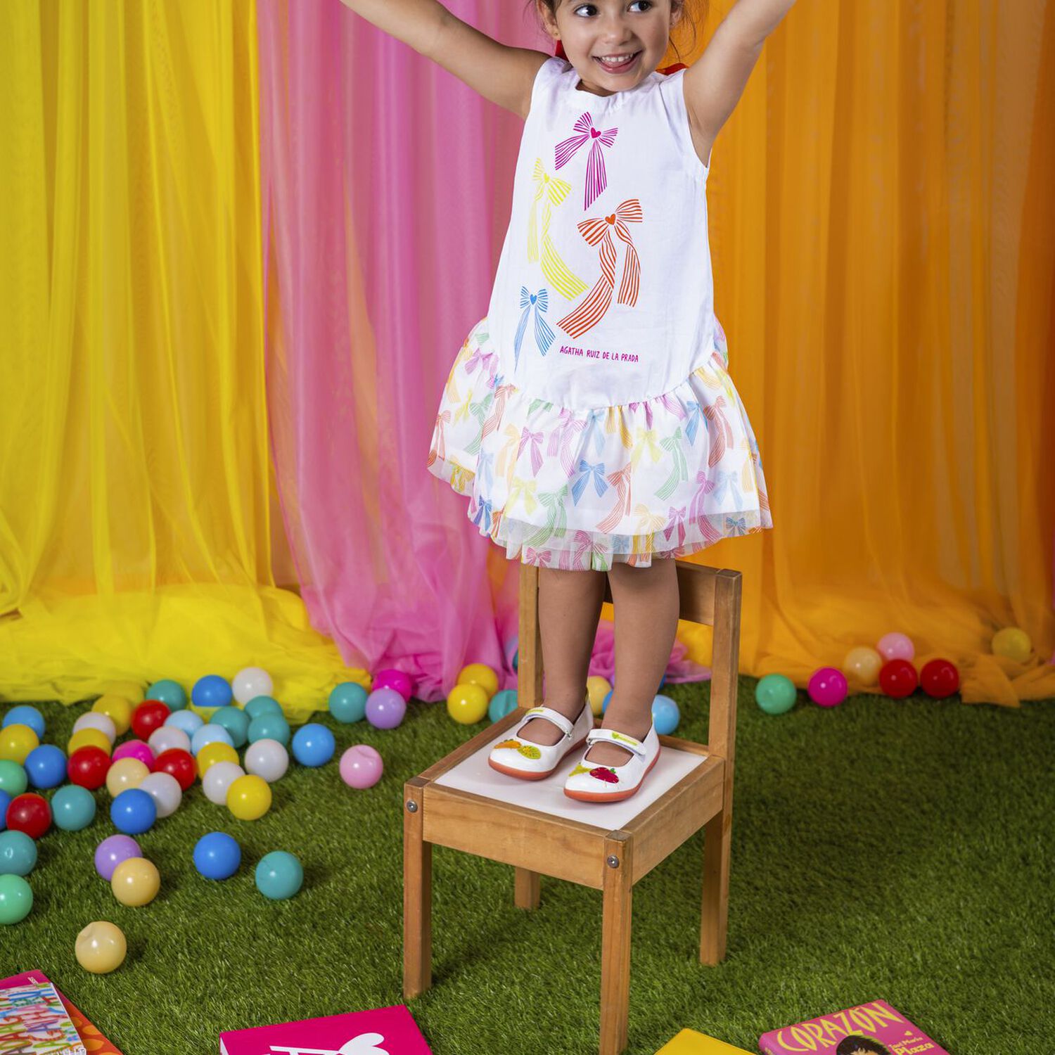 Girls White Bow Dress, 1, hi-res