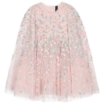 Girls Pink Floral & Tulle Cape Dress