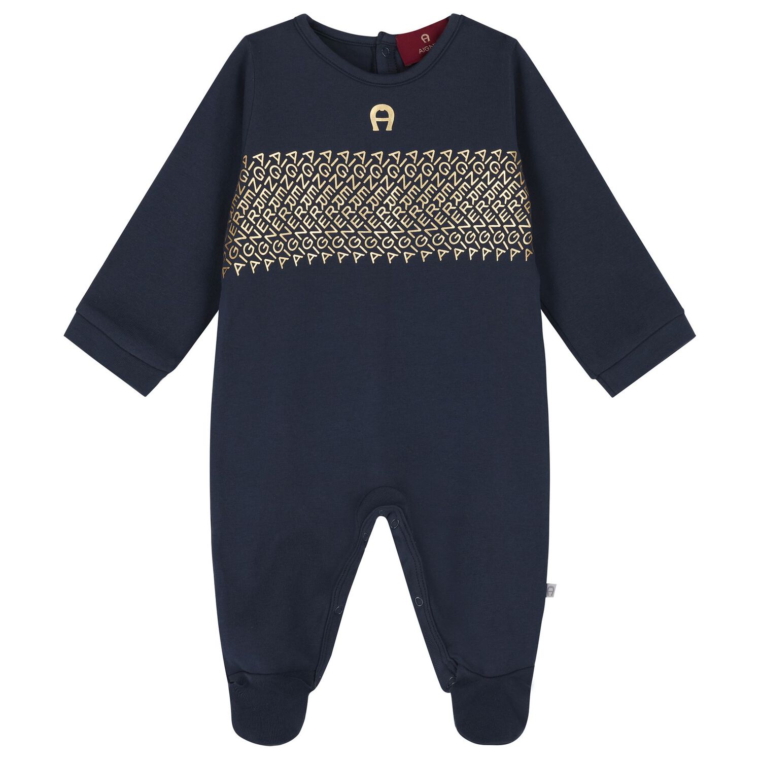 Boys Navy Blue & Gold Logo Babygrow & Hat Gift Set, 1, hi-res
