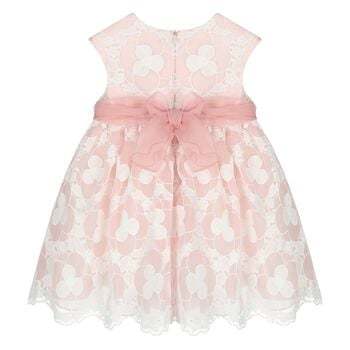 Younger Girls White & Pink Embroidered Organza Dress