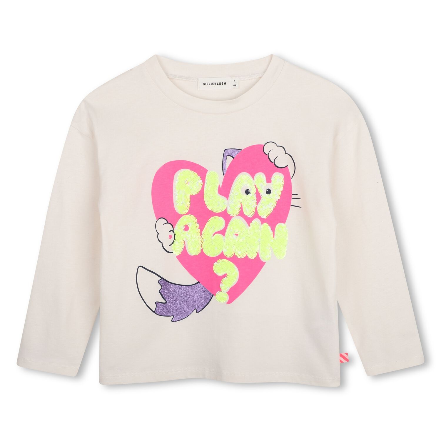 Girls Ivory Sequin Cat Heart Long Sleeve Top, 1, hi-res