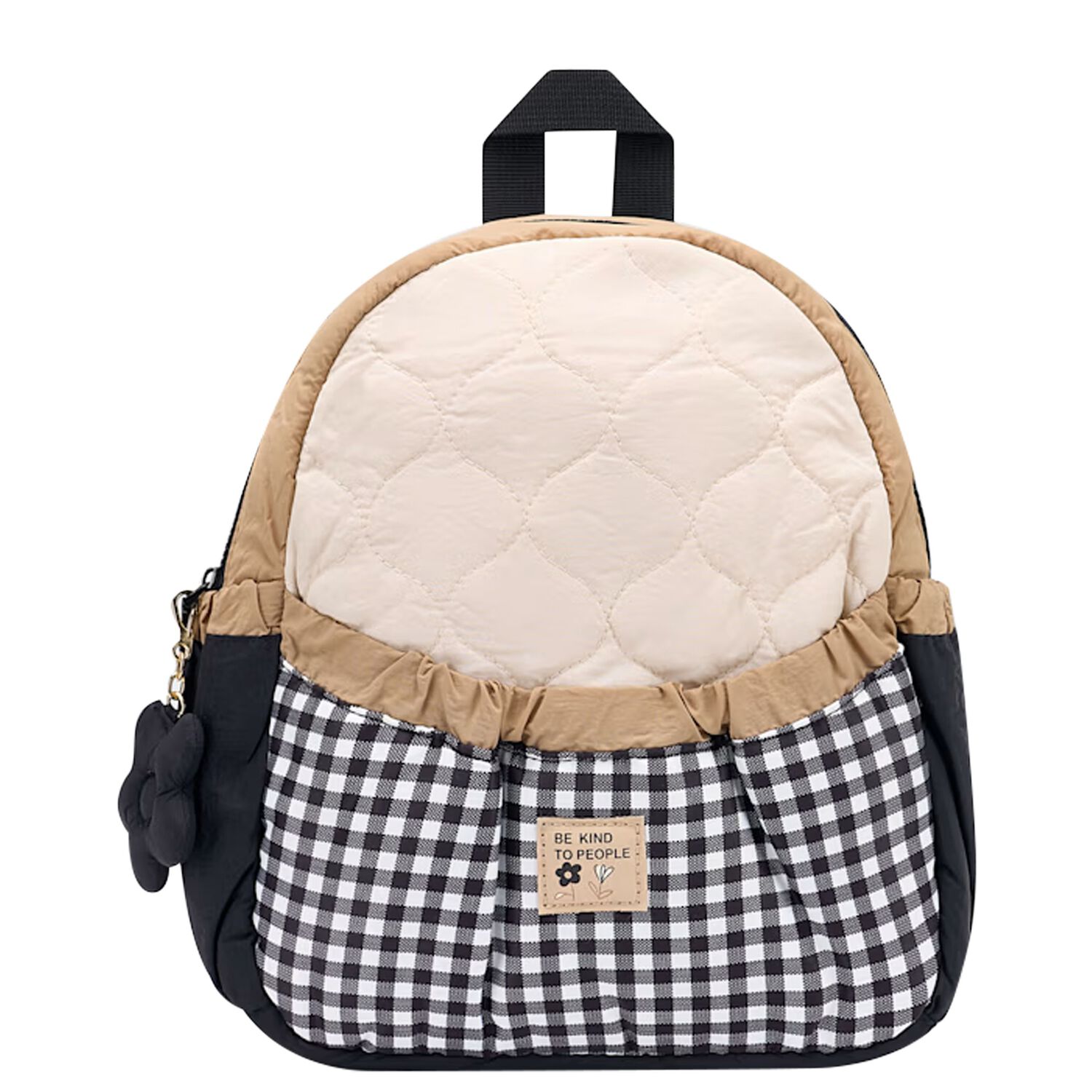 Girls Black & Beige Quilted Backpack, 1, hi-res